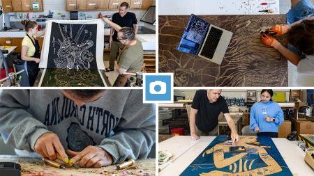 Four-photo collage of UNC-Chapel Hill students working on art projects in their course titled 